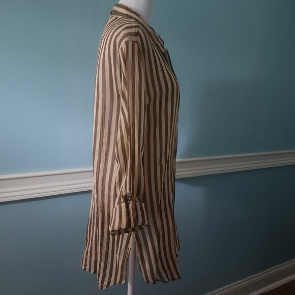 Chico’s sz 2 (L/12) Stripe Tunic Button down tan chocolate silk/cotton blend - Picture 6 of 9
